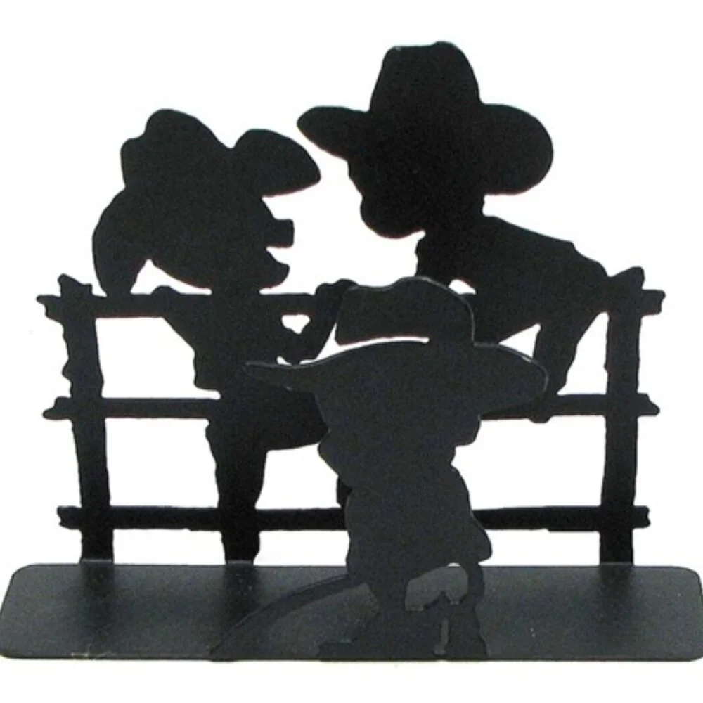 Black Metal Three Cowboys on Fence Letter Holder 7 1/4